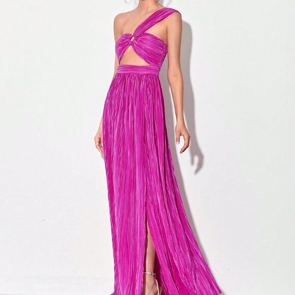 Red Violet Sexy Women's One Shoulder Ring Ruched Front Cut Out Split Thigh Dress - Picture 6 of 6